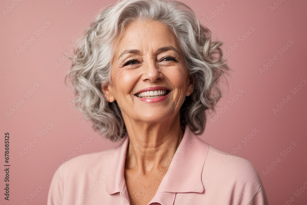 Beautiful gorgeous 50s mid age beautiful elderly senior model woman with grey hair laughing and smiling on a pink background Beautiful gorgeous 50s mid age beautiful elderly senior model woman with grey hair laughing and smiling on a pink background