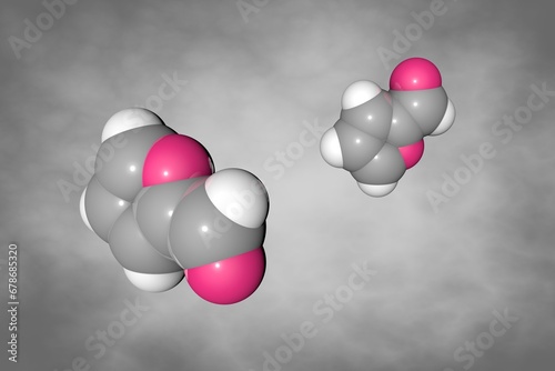 Furfural, an important organic compound. Space-filling molecular model. Atoms are shown as spheres with conventional color coding: carbon (grey), oxygen (red), hydrogen (white). 3d illustration photo