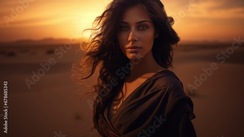 Portrait of a beautiful woman in the desert․ Woman at sunset in the desert