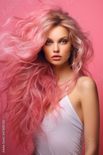  Beautiful young woman with hairs on pink background