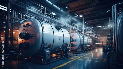 Inside the modern industrial boiler room, large metal tanks and pipes, industrial concept generating heat.