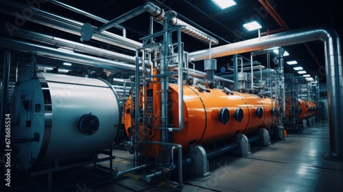 Inside the modern industrial boiler room  large metal tanks and pipes  industrial concept generating heat.