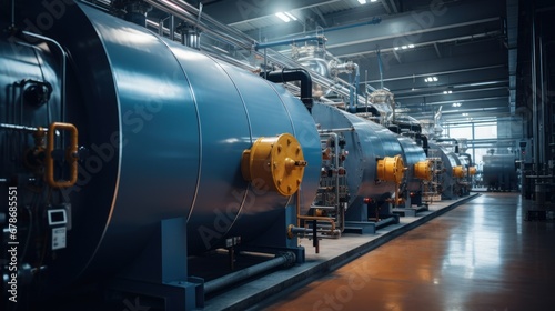 Inside the modern industrial boiler room, large metal tanks and pipes, industrial concept generating heat.