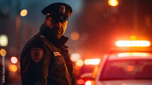 Man working as police officer or cop, closeup portrait, blurred evening city background.