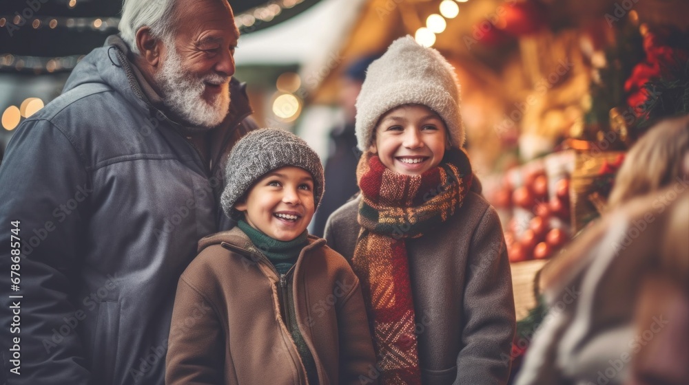 A festive atmosphere envelops the city street, with a family relishing the Christmas market on a winter day.