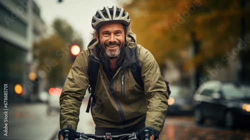 Middle-aged man wearing a bicycle helmet riding a bicycle in the city © sirisakboakaew