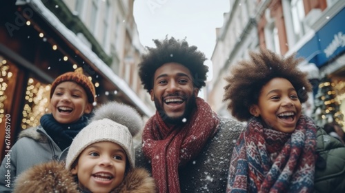 A cheerful family meanders through the city streets, immersed in the enchanting vibes of a Christmas market on a wintry afternoon. photo