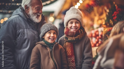 A festive atmosphere envelops the city street  with a family relishing the Christmas market on a winter day.