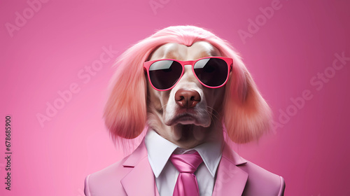 A dog wearing a pink suit and tie with a pink wig and sunglasses on it's head and a pink suit with a pink tie © junaid