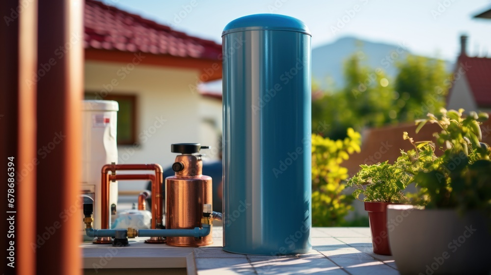 Small solar water heating system - panel and cylinder tank - installed on a house roof. Small solar water heating system - panel and cylinder tank - installed on a house roof.
