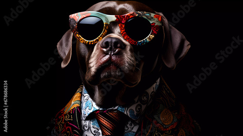 A dog wearing a suit and tie with goggles on it's head and glasses on its face