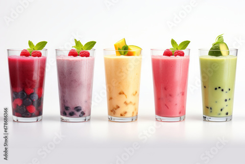 Set of classic fresh delicious smoothies decorated with fruits and berries isolated on white background. Vegan natural healthy drinks.generative ai 