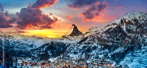 Panorama of Matterhorn mountain and swiss alps in Zermatt, Switzerland.