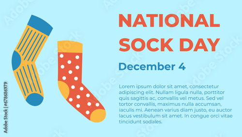 National Sock Day Banner. December 4. Pair of colourful socks and basic text on blue background. Vector illustration in flat style. 