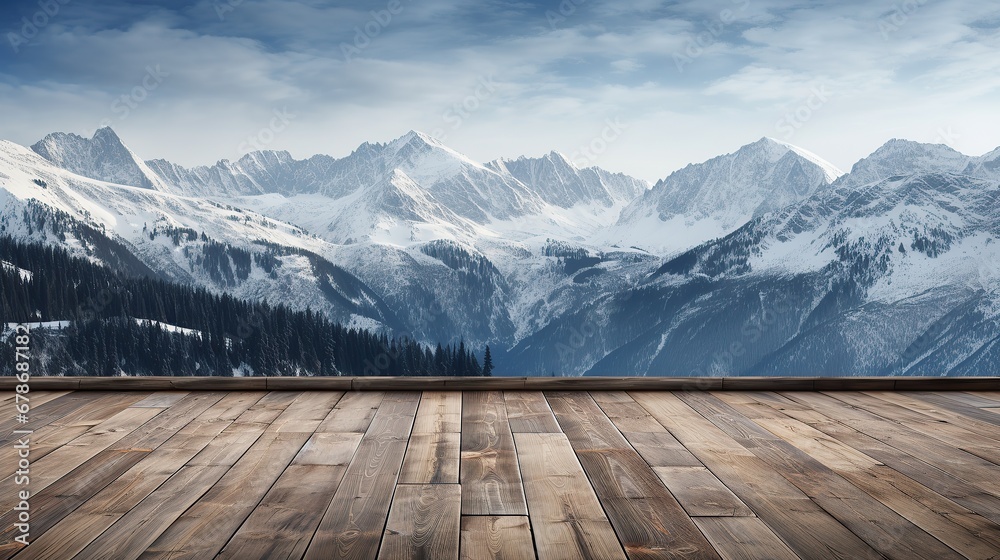 Rustic wooden floor as product mockup with alps mountain as background. Wooden table top on winter sunny lands
