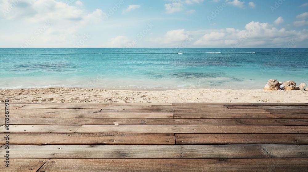 Rustic wooden floor as product mockup with clear beach as background. Empty wooden planks with blur beach on background.