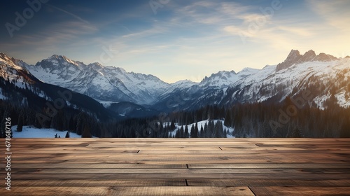 Rustic wooden floor as product mockup with alps mountain as background. Wooden table top on winter sunny lands