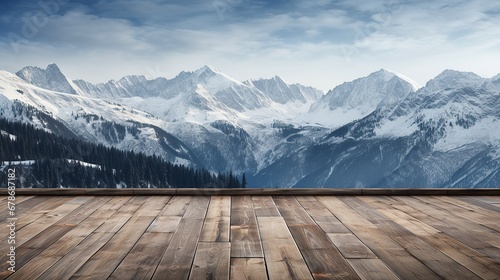 Rustic wooden floor as product mockup with alps mountain as background. Wooden table top on winter sunny lands © Tirtonirmolo