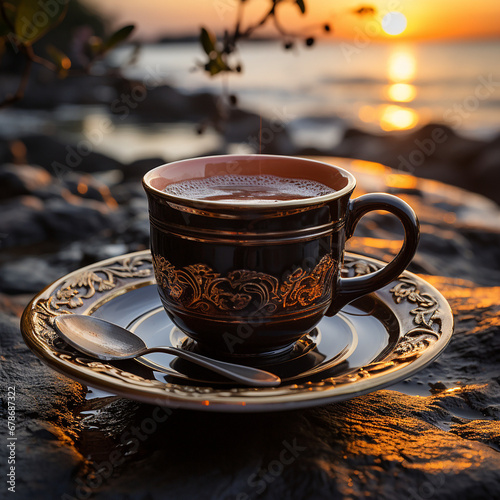 A black coffee cup  with a beach background and sunrise lighting created with Generative Ai