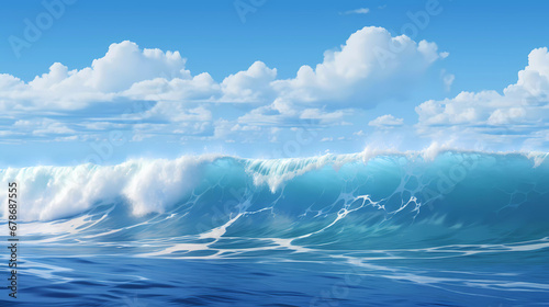 A large wave is breaking in the ocean water with a blue sky background and a white cloud in the sky