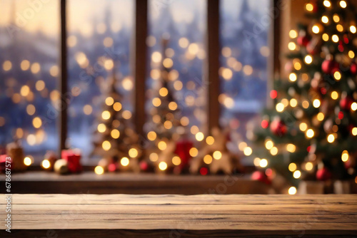 Wooden table in front of blurred christmas background with bokeh lights photo