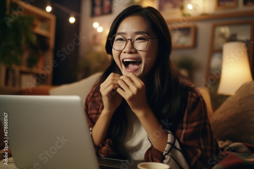 Beautiful young woman is excited while looking at laptop screen sitting on comfortable sofa at home.
