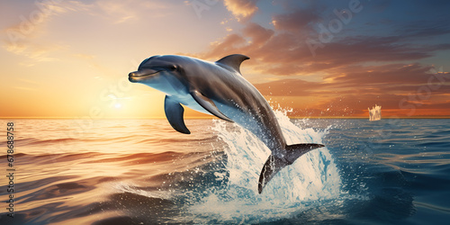 Bottlenose Dolphin Adult Leaping in Joy  Creating a Mesmerizing Splash Against the Breathtaking Backdrop of a Sunset Over the Ocean generative AI