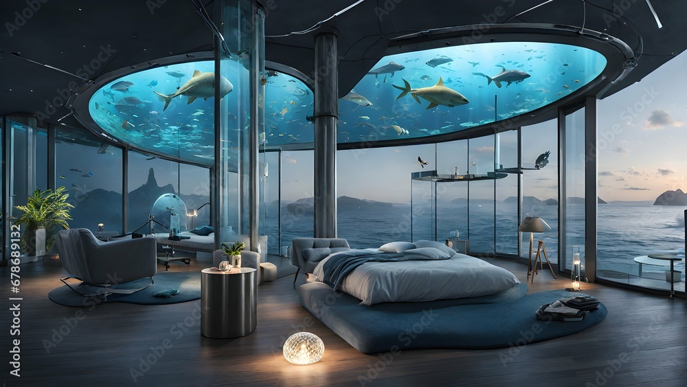 An underwater observatory with large glass walls revealing a breathtaking view of marine life