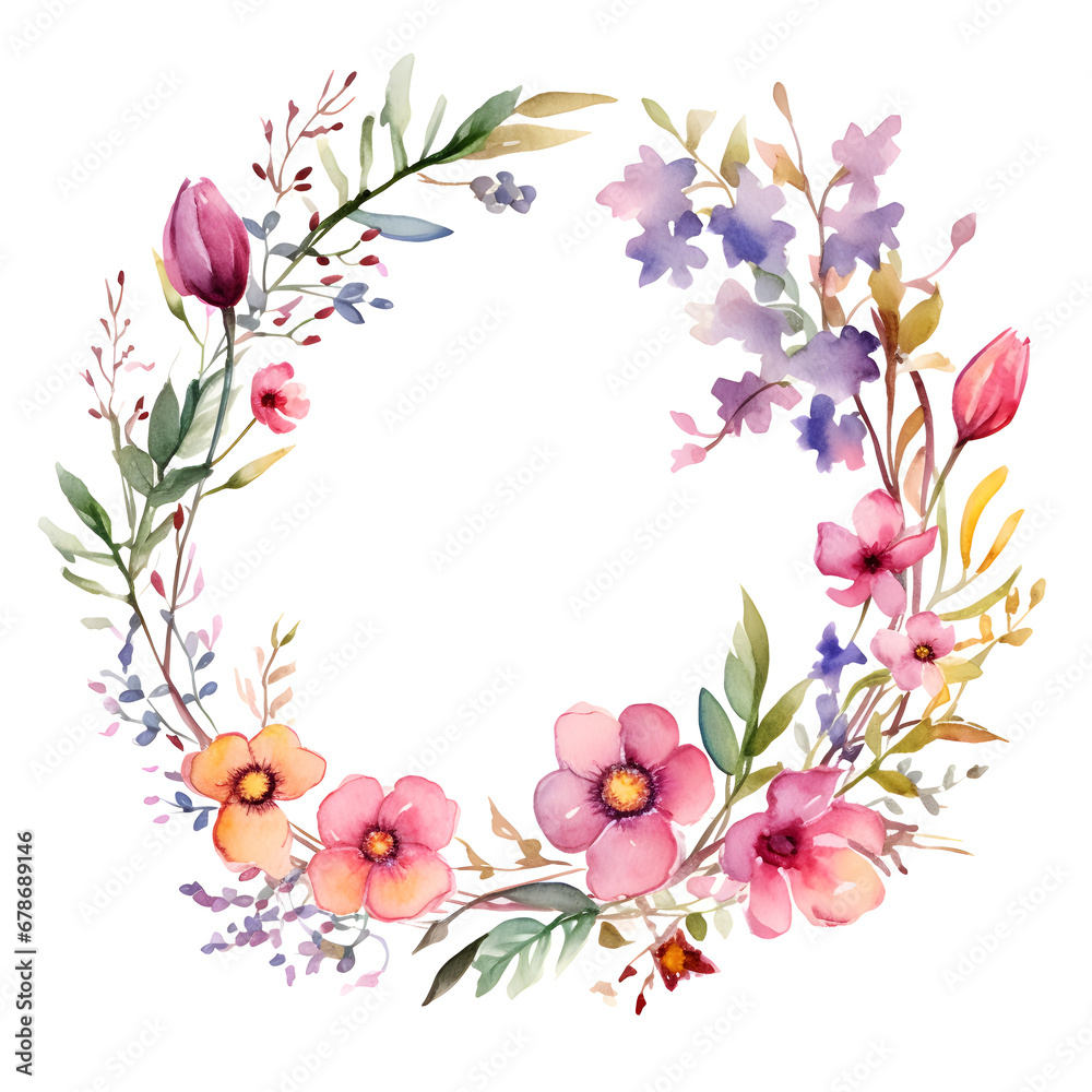 Watercolor wreath of meadow flowers and twigs Watercolor wreath of meadow flowers and twigs
