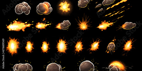 Animation sprite sheet of different types of bomb explosion sequence on pure black background generative AI photo