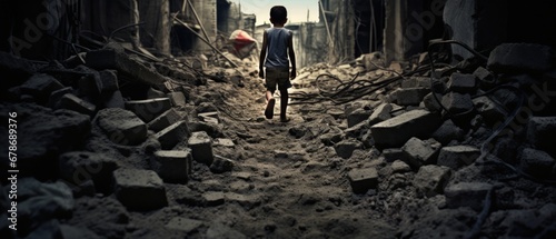 Little boy walking in the ruins of a building after an air strike in the war. AI generated photo