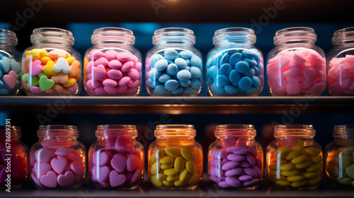 On the beautifully illuminated shelves of a candy store there are glass jars filled with multi-colored heart-shaped sweets. Selective focus. Valentine's Day concept, sweet valentines
