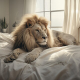 a lion dreaming about the future on a clean white bed created with Generative Ai