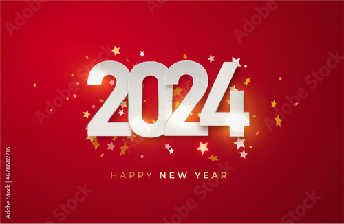 Happy new year 2024 design illustration of paper numbers on red background. Simple design happy new year 2024. Vector