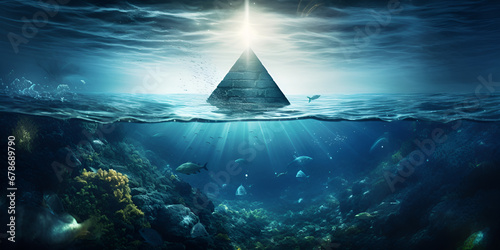 Underwater Symphony of Secrets, Exploring the Mythical Waters and Sunlit Anomalies in the Heart of the Bermuda Triangle on water background generative AI