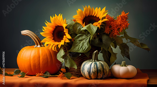 A table topped with a pumpkin and sunflowers on top of it s leaves and a bright background