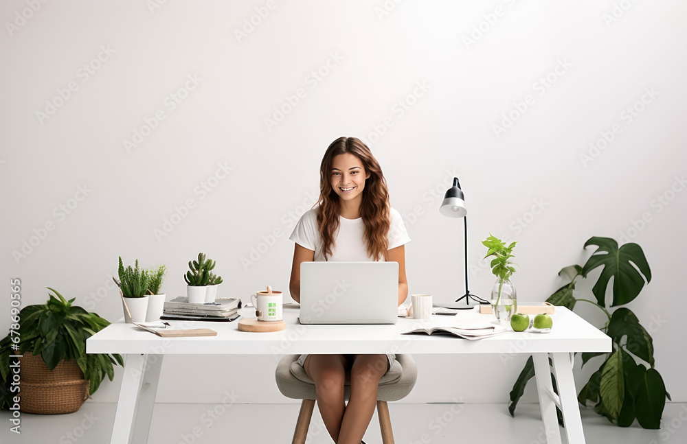 Happy female designer standing in office. Smiling woman designer work in the home office. Creative young girl working in her studio. Happy female designer standing in office. Smiling woman designer work in the home office. Creative young girl working in her studio.