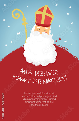 Lovely drawn Nikolaus character, text in german "St. Nicolas Day is on 6th of December" - great for invitations, banners, wallpapers, cards