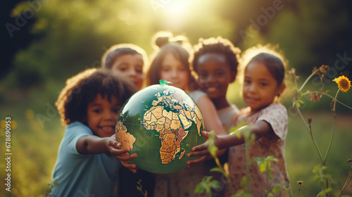 African Children holding earth globe. Group of African children holding planet earth planet earth over defocused nature background with copy space