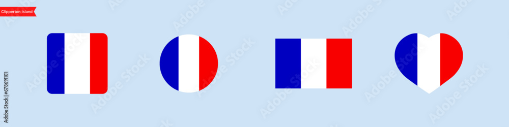 National flag of Clipperton Island. Clipperton Island flag icons for language selection. Clipperton Island flag in the shape of a square, circle, heart. Vector icons