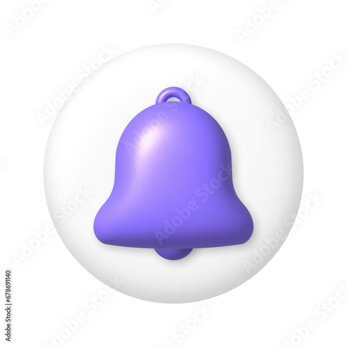Purple bell icon on white round buttons. 3D vector illustration.