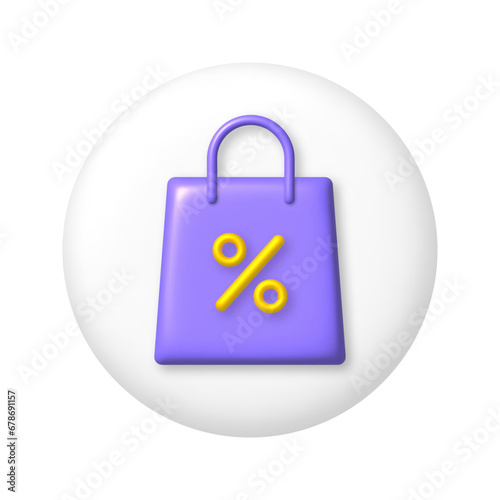 Purple shopping bag sale icon on white round buttons. 3D vector illustration.
