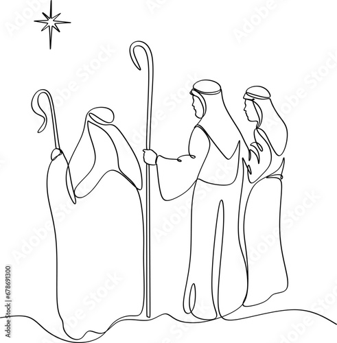 Merry Christmas shepherd and sheeps. Continuous one line drawing. Vector illustration