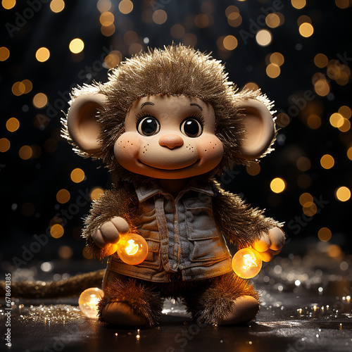 monkey toy, dancing, uniquely designed character, tall size, large, round head, black background with soft light, toy style created with Generative Ai