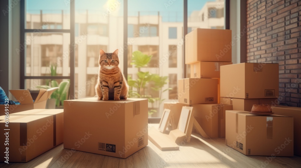 A Curious Cat Perched on Towering Boxes in a Cozy Living Space A Curious Cat Perched on Towering Boxes in a Cozy Living Space