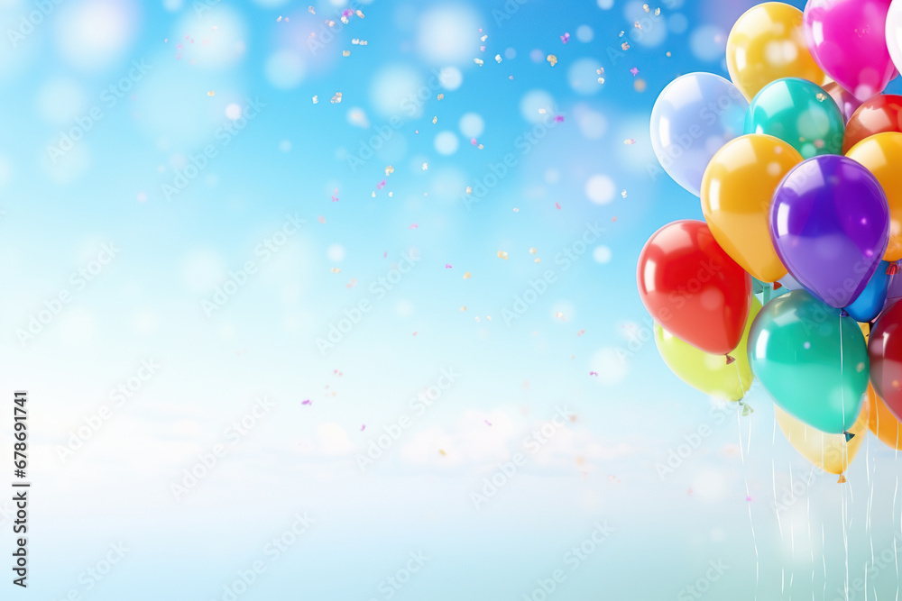 Colorful balloons with confetti on a blue sky background. Vector illustration. 