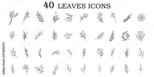 Leaves icons. Organic Leaf thin line icons set.