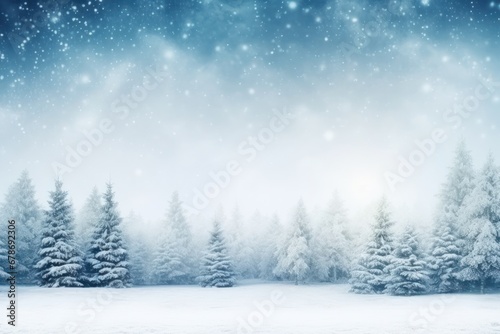 Christmas winter space of snow blurred background. Xmas tree with snow  holiday festive background. 