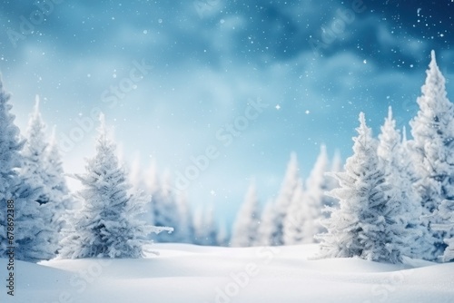 Christmas winter space of snow blurred background. Xmas tree with snow, holiday festive background. 