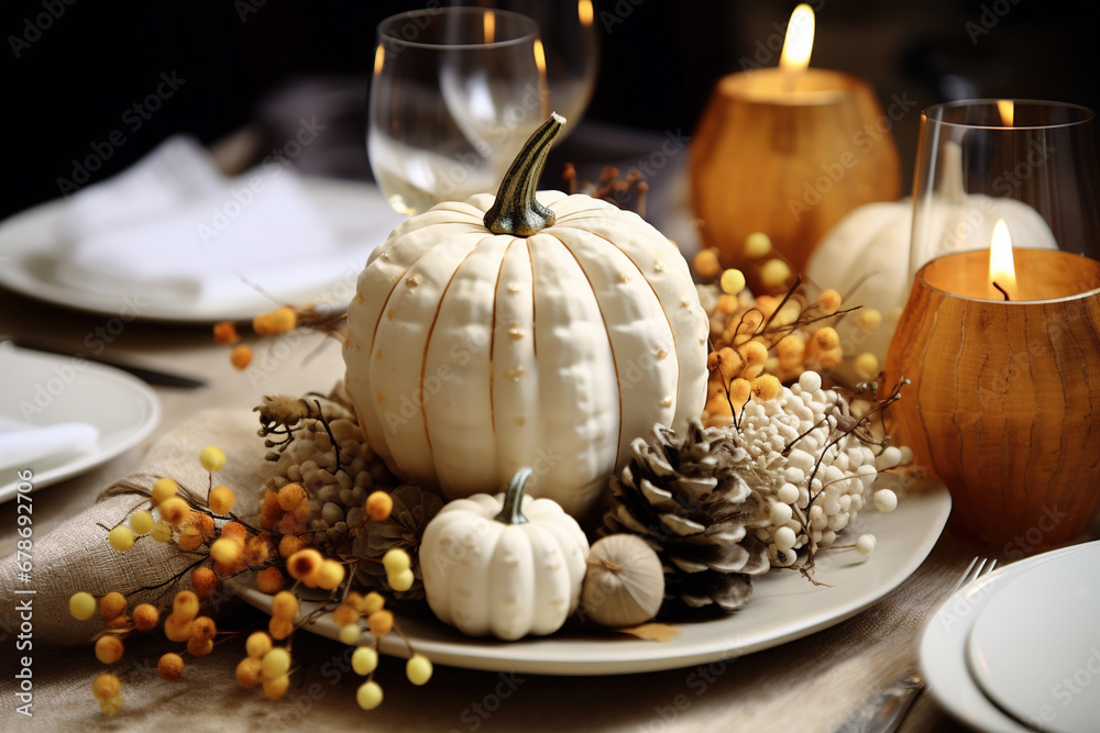 Autumn and Thanksgiving table decoration with whote mini pumpkins. Table served for Christmas dinner